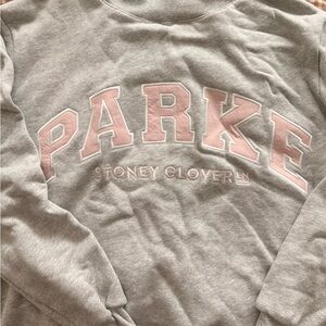 Stoney Clover Gray Crewneck Sweater with Pink Appliqué Logo